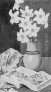 Stilleben Mit Blumenstrauss, Bilderbuch Und Geblumter Decke