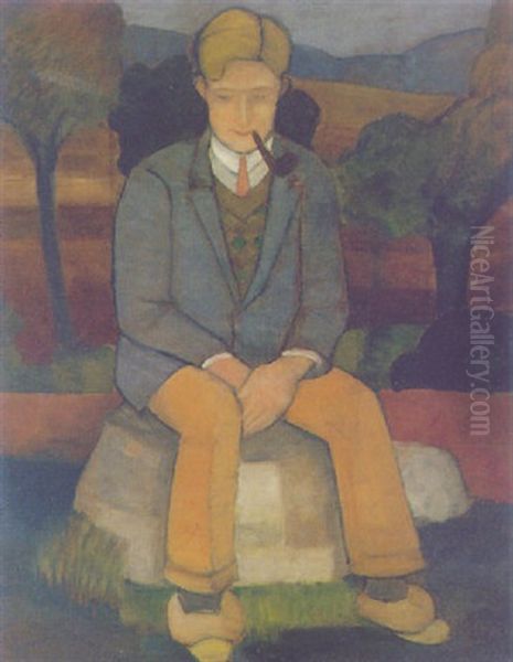 Sitzender Junger Mann Mit Pfeife Vor Hugeliger Landschaft - view 1