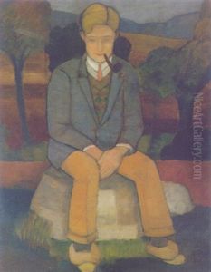 Sitzender Junger Mann Mit Pfeife Vor Hugeliger Landschaft