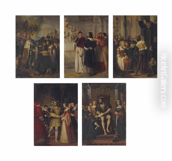 L'arrivee De Charles-quint En Espagne; Guillaume Bude Presente A Francois 1er Le Premier Livre Imprime; Leon X Et Raphael Au Vatican; Henry Viii Chassant De Sa Presence Le Cardinal Wolsey; Et Luther Prechant La Reforme (5 Works) - view 1