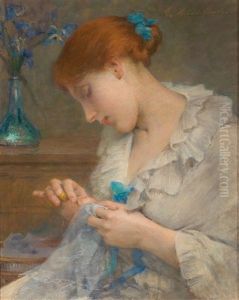 Nahendes Madchen Mit Blumen In Vase by Tony Robert-Fleury