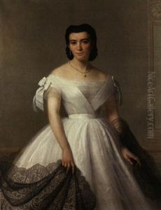 Portrat Einer Jungen Frau In Weisser Robe Mit Schwarzem Spitzenschal by Albert Pierre Roberti