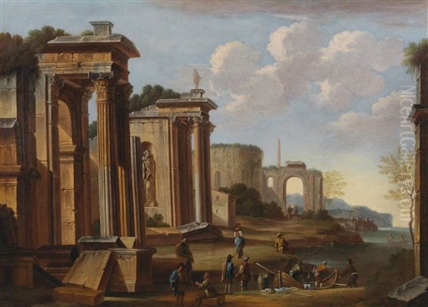 A Pair Of Architectural Compositions With Fishermen Landing Their Catch - view 1
