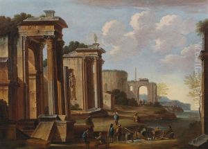 A Pair Of Architectural Compositions With Fishermen Landing Their Catch