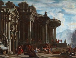 An Architectural Capriccio With The Death Of Livestock - Fifth Plague Of Egypt; And An Architectural Capriccio With Joseph And His Brothers In Front Of The Pharaoh by Domenico Roberti