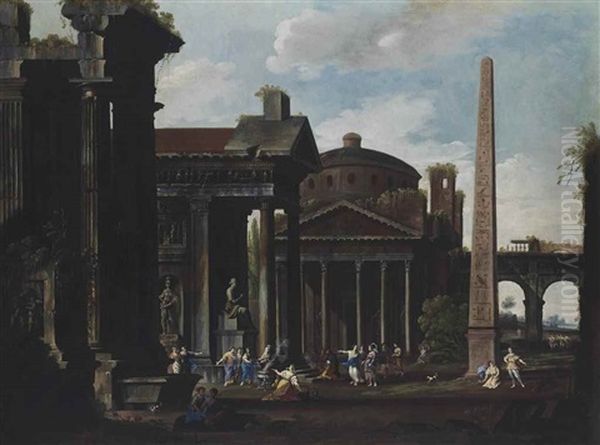 An Architectural Capriccio Of The Pantheon And Other Buildings, With Figures Making A Sacrifice To A Goddess, Figures Conversing And Dancing Amongst The Ruins Beyond - view 1