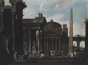 An Architectural Capriccio Of The Pantheon And Other Buildings, With Figures Making A Sacrifice To A Goddess, Figures Conversing And Dancing Amongst The Ruins Beyond by Domenico Roberti