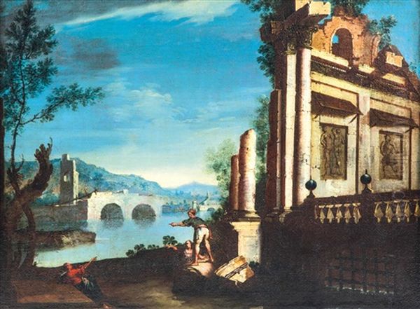 2 Bilder: A) Romische Ruinenarchitektur Mit Flusslandschaft B) Landschaft Mit Romischen Ruinen Und Personenstaffage - view 1