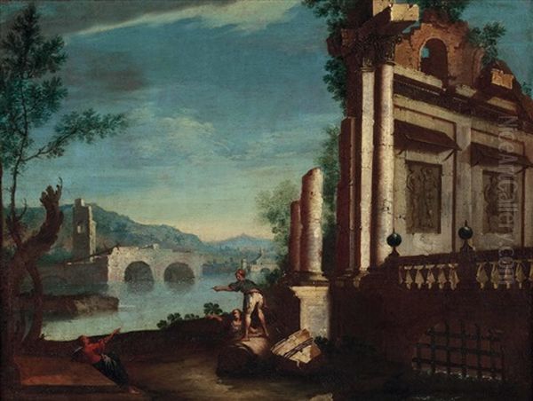 Ruinenarchitektur Mit Flusslandschaft Und Personenstaffage - view 1