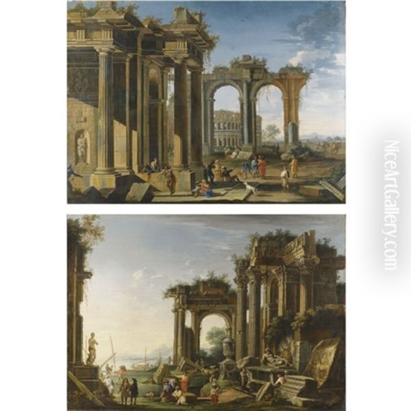 Capricci Of Roman Ruins With Soldiers And Merchants Conversing, The Colosseum And A Rocky Bay Beyond (+ A Coastal Landscape With Shepherds And Elegant Figures Amongst Ruins; Pair) - view 1