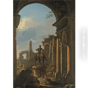 A Capriccio Of Roman Ruins With Figures By An Equestrian Statue Of Emperor Marcus Aurelius by Domenico Roberti