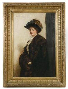 Portrait Of A Lovely Young Woman In A Picture Hat, Wearing Fur Coat And Muff by Cyril Roberts