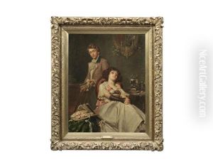 Love In A Teacup' A Lady With Her Suitor Seated In An Interior, A Bonnet And Fan Resting Nearby, Tea Kettle, Cups And Saucers Beside by Edwin Thomas Roberts