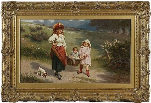To Market To Buy A Fat Pig, Mother And Young Girl Carrying A Baby In A Basket - view 1