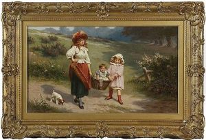 To Market To Buy A Fat Pig, Mother And Young Girl Carrying A Baby In A Basket