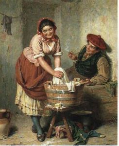 Et Kaerestepar, En Ung Mand Betragter En Ung Pige, Der Vasker Toj by Edwin Thomas Roberts