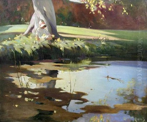 A Small Girl Sitting Amongst Daffodils On A River Bank - view 1