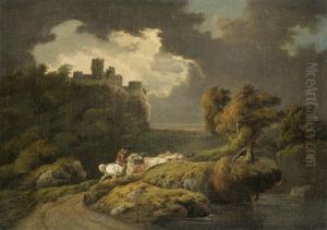 A Drover On Horseback With Cattle Passing A Castle On A Rocky Promontory