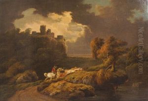 The Passing Storm, A Coastal Landscape. A Drover On Horseback With Cattle In The Foreground, A Hill Top Castle Beyond by Thomas Roberts