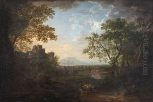 A Wooded Landscape, With A Drover And Cattle, A Ruined Castle On A Hill, A River Valley In The Distance