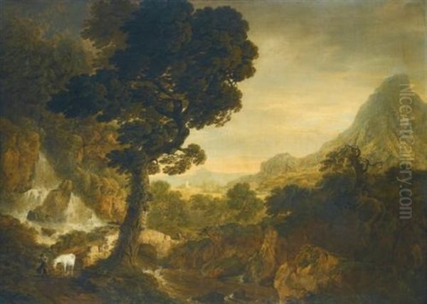 A Landstorm; A Mountainous Landscape With Travellers On A Bridge - view 1