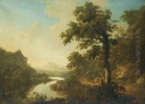 A Wooded River Landscape With Figures On A Path by Thomas Roberts