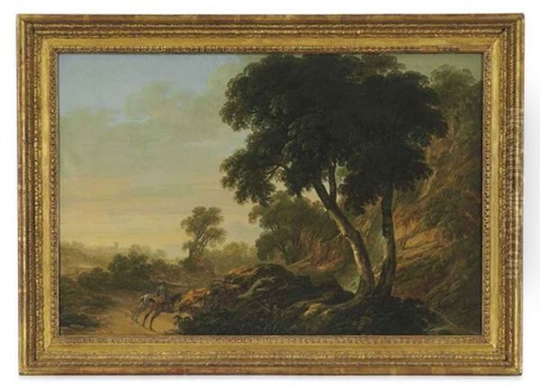 A Wooded Landscape With A Waterfall (at Powerscourt?) And Riders On A Path In The Foreground, A Church In The Distance by Thomas Roberts
