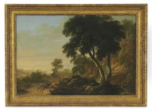 A Wooded Landscape With A Waterfall (at Powerscourt?) And Riders On A Path In The Foreground, A Church In The Distance by Thomas Roberts