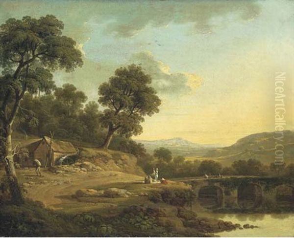 A Wooded River Landscape With Travellers On A Bridge, Women Winnowing, And A Labourer By A Mill In The Foreground - view 1