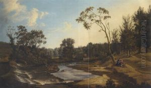 A View Of The Weir In Lucan House Demesne, Co. Dublin, With An Elegant Couple Seated Under A Tree In The Foreground by Thomas Roberts