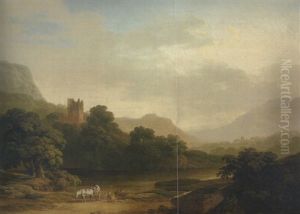 An Extensive Lakeside Landscape, With A Ruined Castle On A Hill, And Figures Loading A Cart In The Foreground