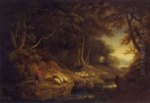 A Wooded Landscape With A Shepherd Boy With His Shep By A Stream by Thomas Roberts