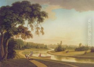 The Sheet Of Water At Canton Park, Co. Kildare, With The Duke And Duchess Of Leicester Out Walking