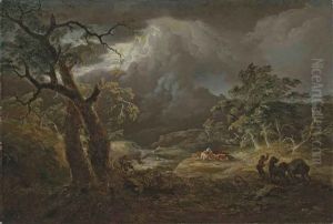 A Stormy River Landscape, With Herdsmen by Thomas Sautelle Roberts
