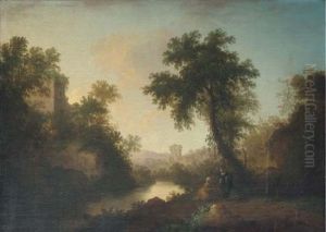 A Wooded River Landscape With Figures Beside The River In The Foreground And Ruins Beyond A Wooded River Landscape With Figures Beside The River In The Foreground And Ruins Beyond