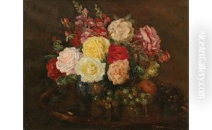 Still Life With Roses And Grapes by Thomas William Roberts