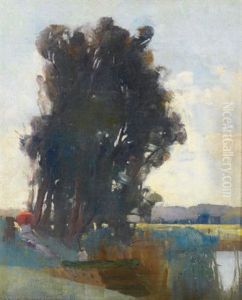On The Banks Of The River At Heidelberg (+ Self-portrait ? Study; Verso) by Thomas William Roberts