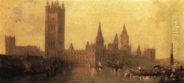 The Houses Of Parliament, Westminster, With Figures In Boats On The Thames - view 1