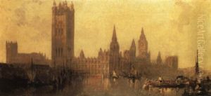 The Houses Of Parliament, Westminster, With Figures In Boats On The Thames by David Roberts