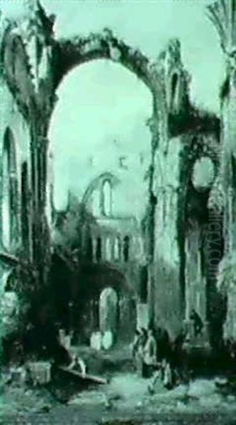 A Group Of Nuns And Townspeople In Front Of An Old Abbey - view 1