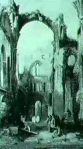 A Group Of Nuns And Townspeople In Front Of An Old Abbey