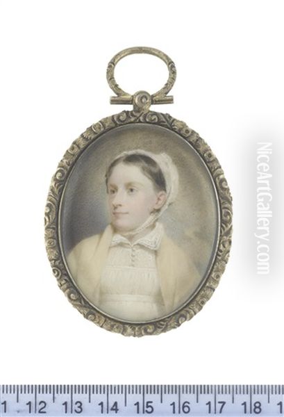 A Lady, Wearing White Dress With Fill-in And Collar, Pale Yellow Shawl, Her Dark Hair Upswept Beneath A White Bonnet Tied Beneath Her Chin - view 1