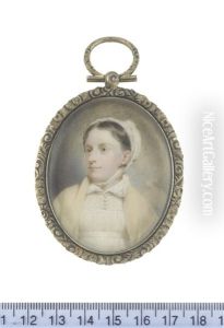 A Lady, Wearing White Dress With Fill-in And Collar, Pale Yellow Shawl, Her Dark Hair Upswept Beneath A White Bonnet Tied Beneath Her Chin