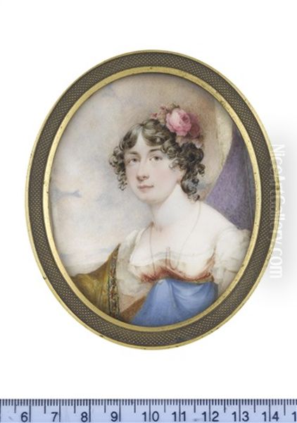 A Lady, Called Mrs Mary Maclive, Seated Before An Aperture, Wearing Dress With White Capped Sleeves And Lace Underslip, Burnt Orange Bodice And Royal Blue Skirt - view 1