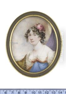 A Lady, Called Mrs Mary Maclive, Seated Before An Aperture, Wearing Dress With White Capped Sleeves And Lace Underslip, Burnt Orange Bodice And Royal Blue Skirt