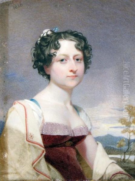 Portrait De Jeune Femme En Robe Rouge Sur Fond De Paysage - view 1