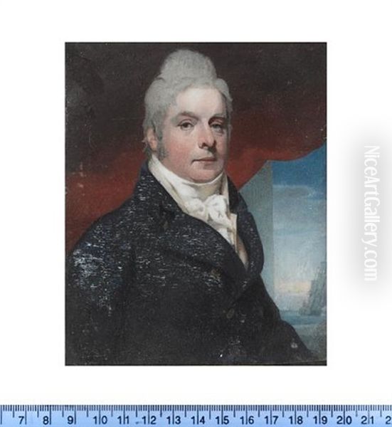 A Gentleman, Seated Before A Window With Red Curtain, Wearing Blue Coat, Cream Waistcoat, White Frilled Chemise, Stock And Cravat, A Boat At Sea Beyond - view 1