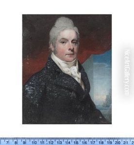 A Gentleman, Seated Before A Window With Red Curtain, Wearing Blue Coat, Cream Waistcoat, White Frilled Chemise, Stock And Cravat, A Boat At Sea Beyond