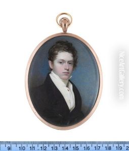 A Young Gentleman, Wearing Dark Blue Coat, Cream Waistcoat With Gold Buttons, Whyte Chemise, Cream Stock, Gold Shirt Pin