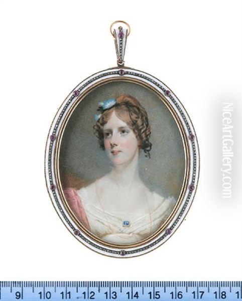 Lady Charlotte Lindsey, Wearing White Dress And Slip, Pink Stole, Blue Enamel Brooch With Border Of Pearls Fastened At Her Corsage, A Fine Gold Necklace Suspended From Her Neck - view 1